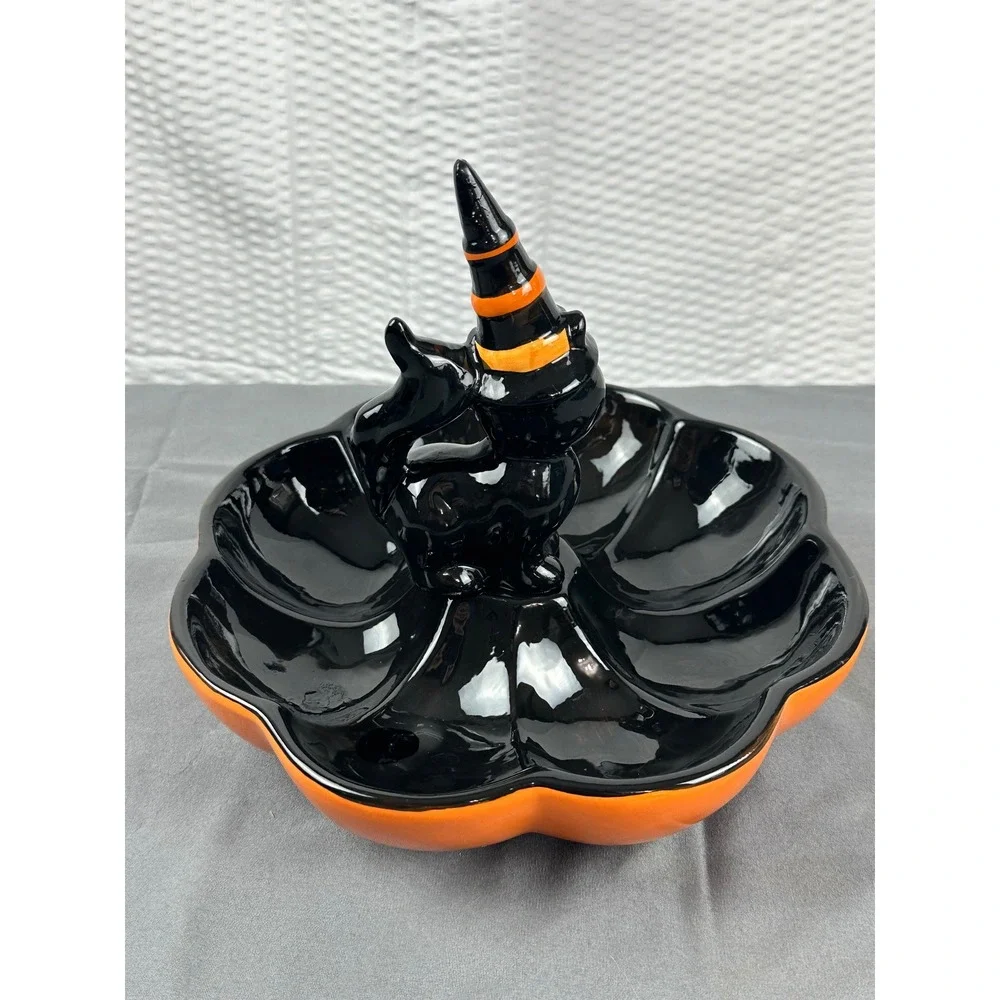 Halloween‎ Black Cat Candy Dish Divided Tray Witch Hat Serving Bowl